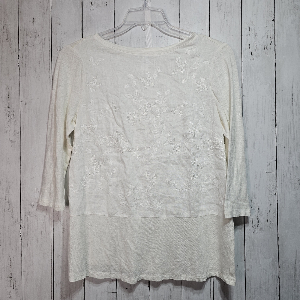 NWOT J. Jill Love Linen Women's Ivory 3/4 Sleeve Embroidered Shirt Size Small.